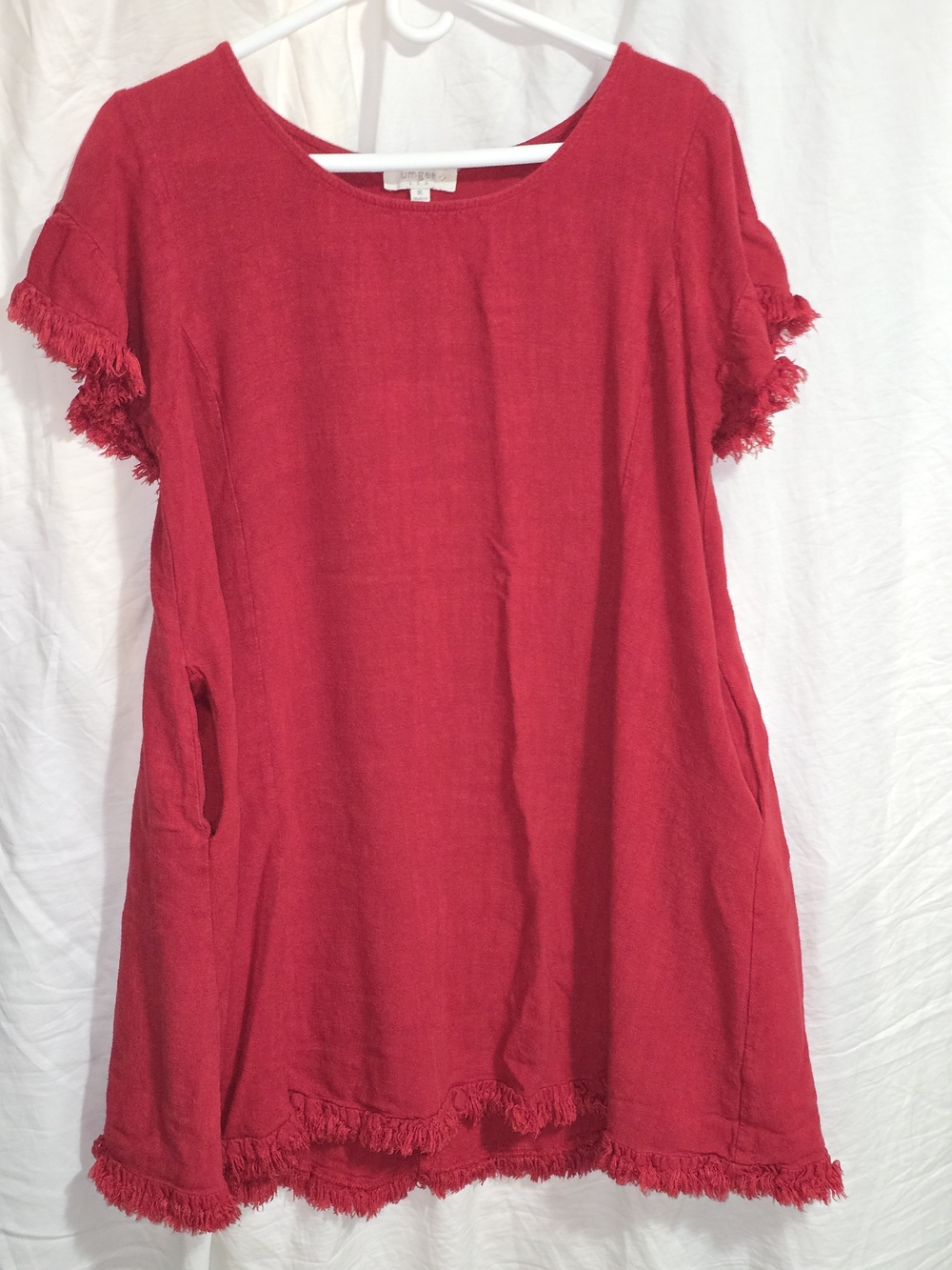 Umgee Boho Brick Red Linen Blend Fringe Shift Dress with Pockets XL